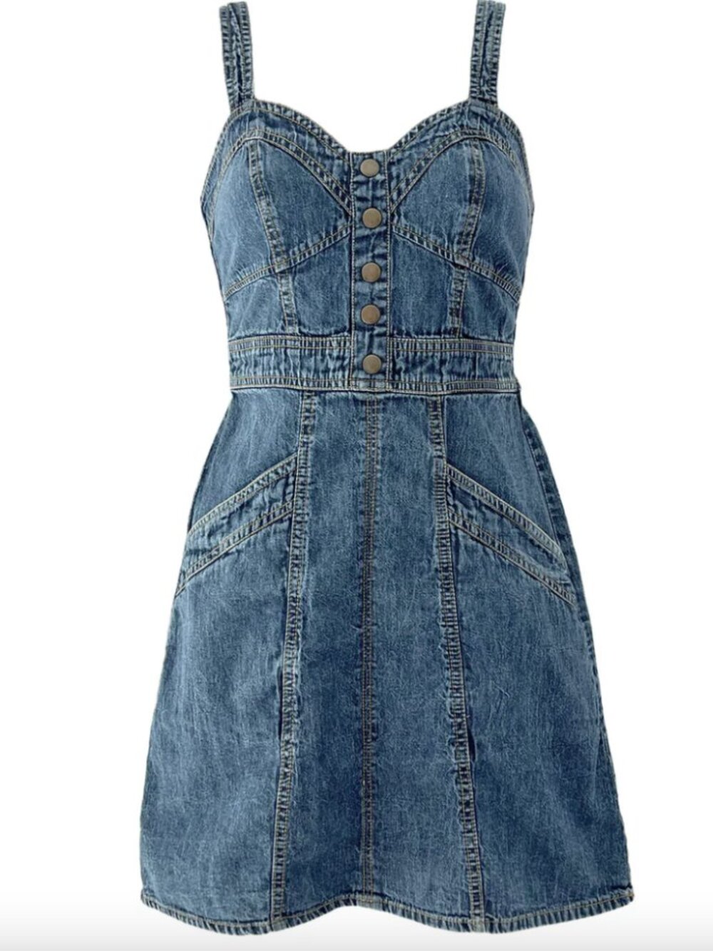 Japna Blue Denim Sweetheart Mini Dress with Faux Button Retro Coastal Cowgirl S
